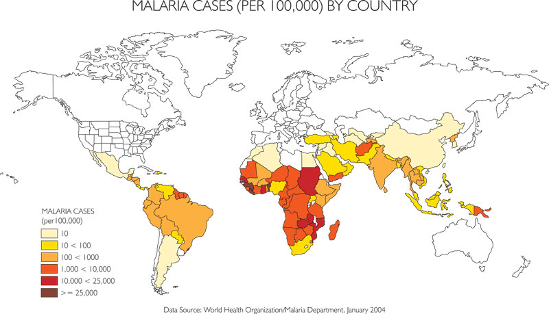 Map of malaria cases throughout the world.